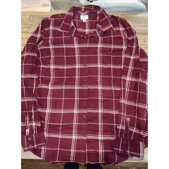 St Johns Bay Women XL Burgundy Plaid Ruffle Trim Long Sleeve Pullover Shirt. 9 - Picture 1 of 10